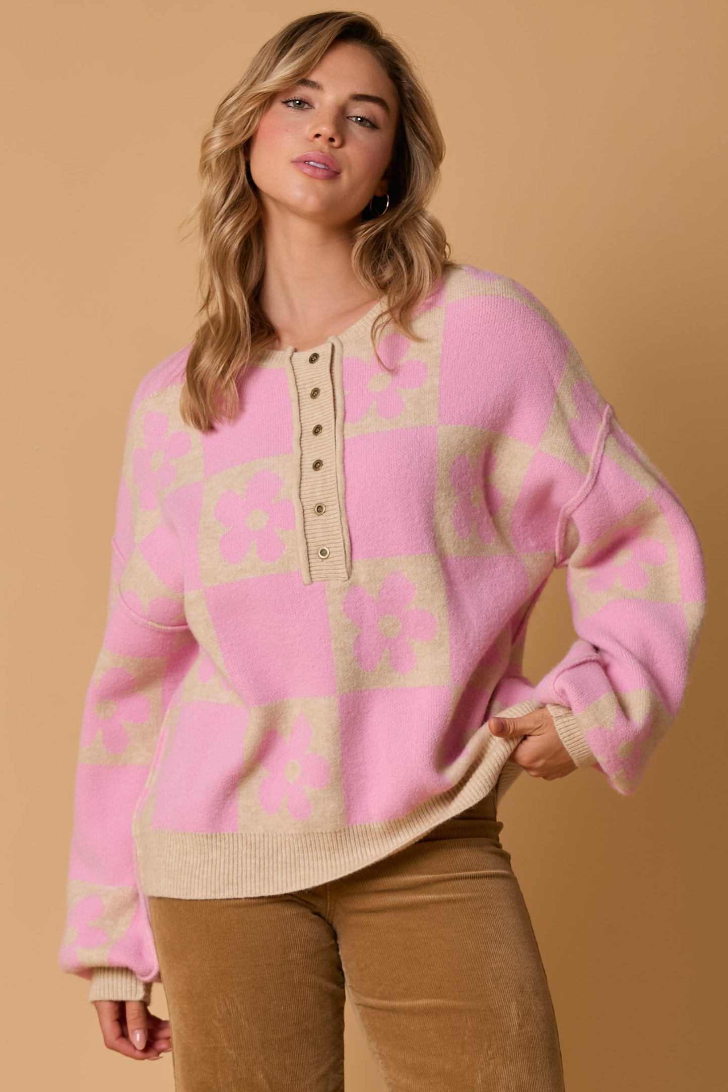 Long Sleeve Knit Sweater with Front Button Pink