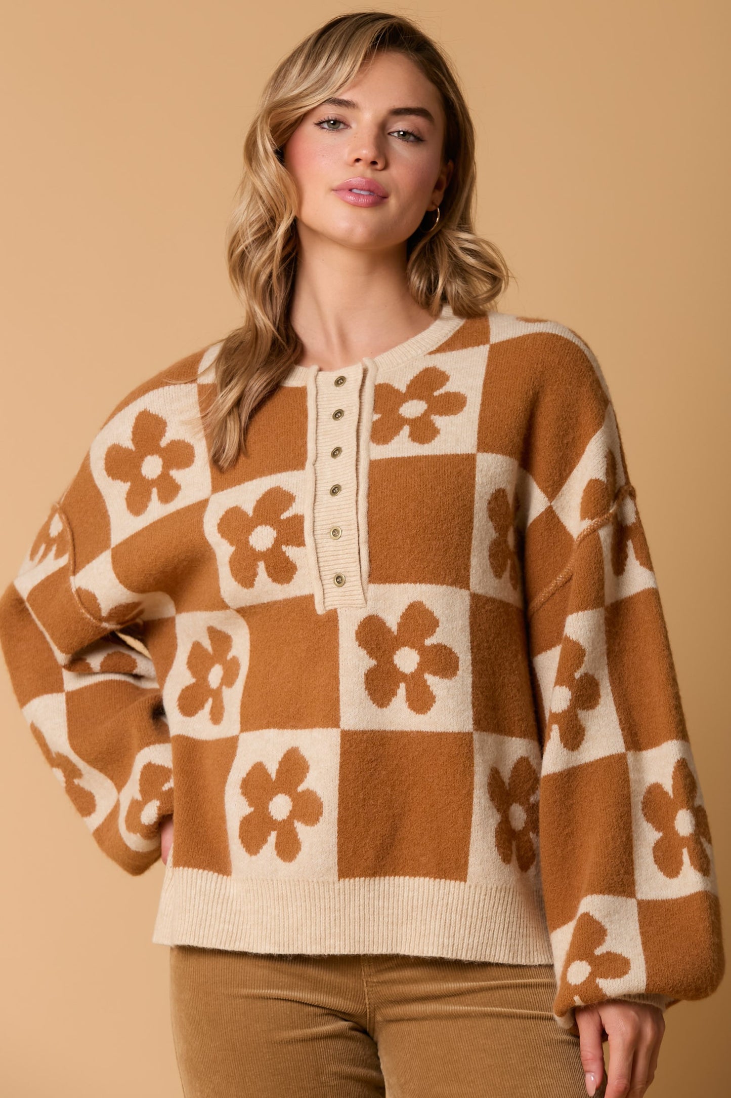 Long Sleeve Knit Sweater with Front Button Brown