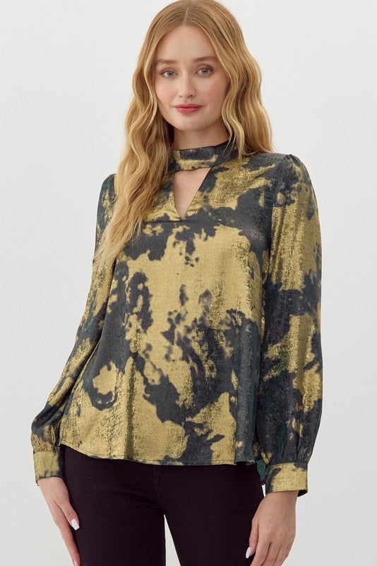Metallic Print Long Sleeves Top Gold