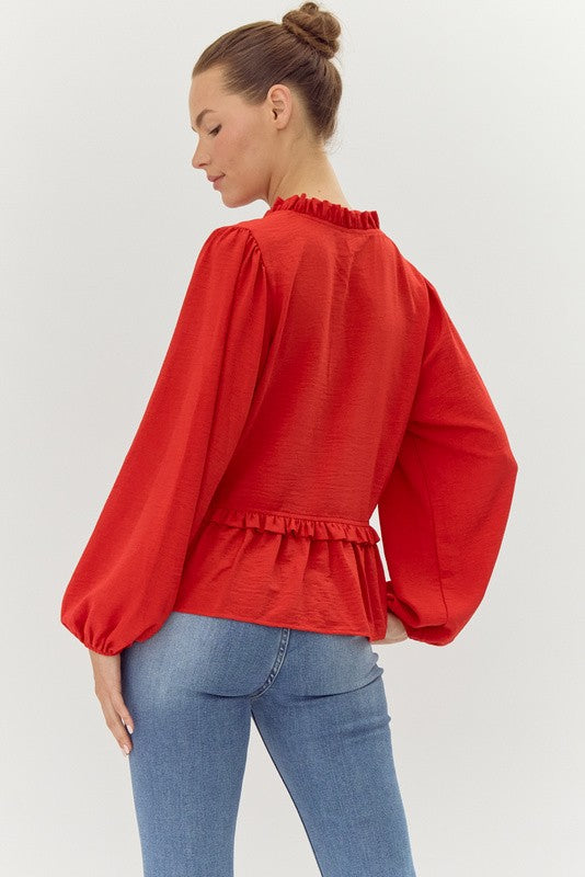 Solid Ribbon-Tie Peplum Top
