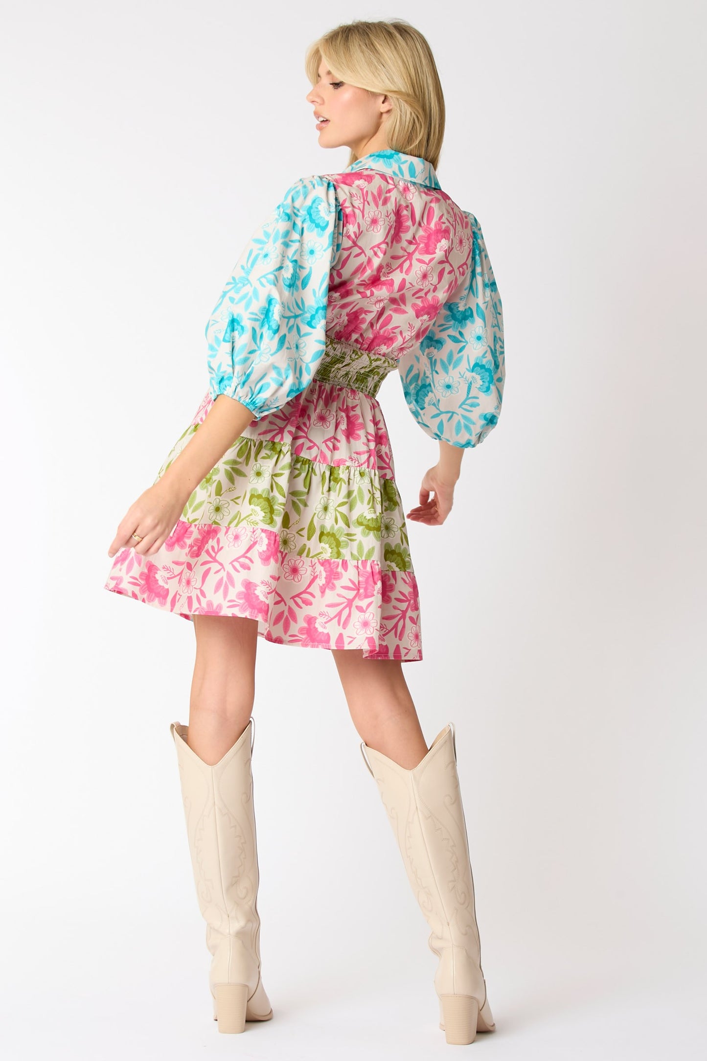 Mixed Floral Prints Button down Tiered Dress