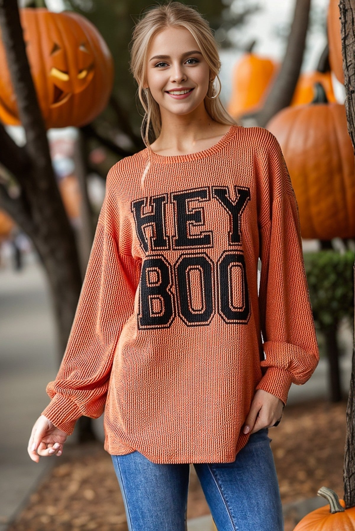 Ribbed Hey Boo Long Sleeve Top