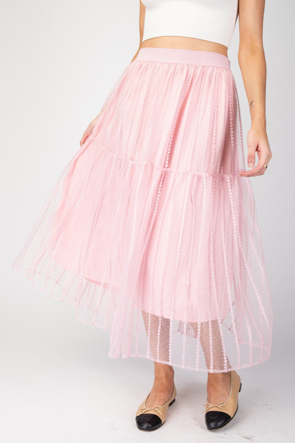 Tiered Mesh Embroidered Midi Skirt