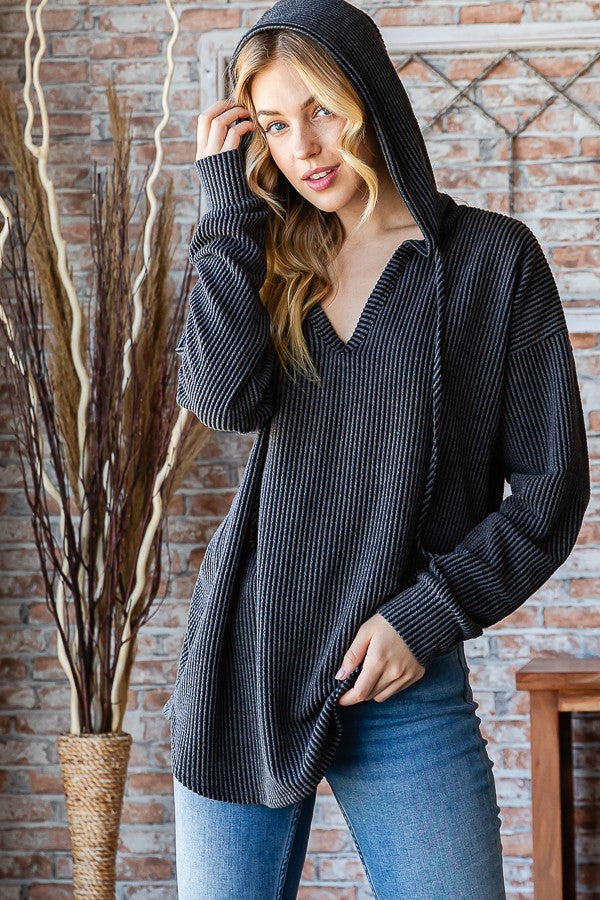 SOLID URBAN RIBBED HOODIE TOP