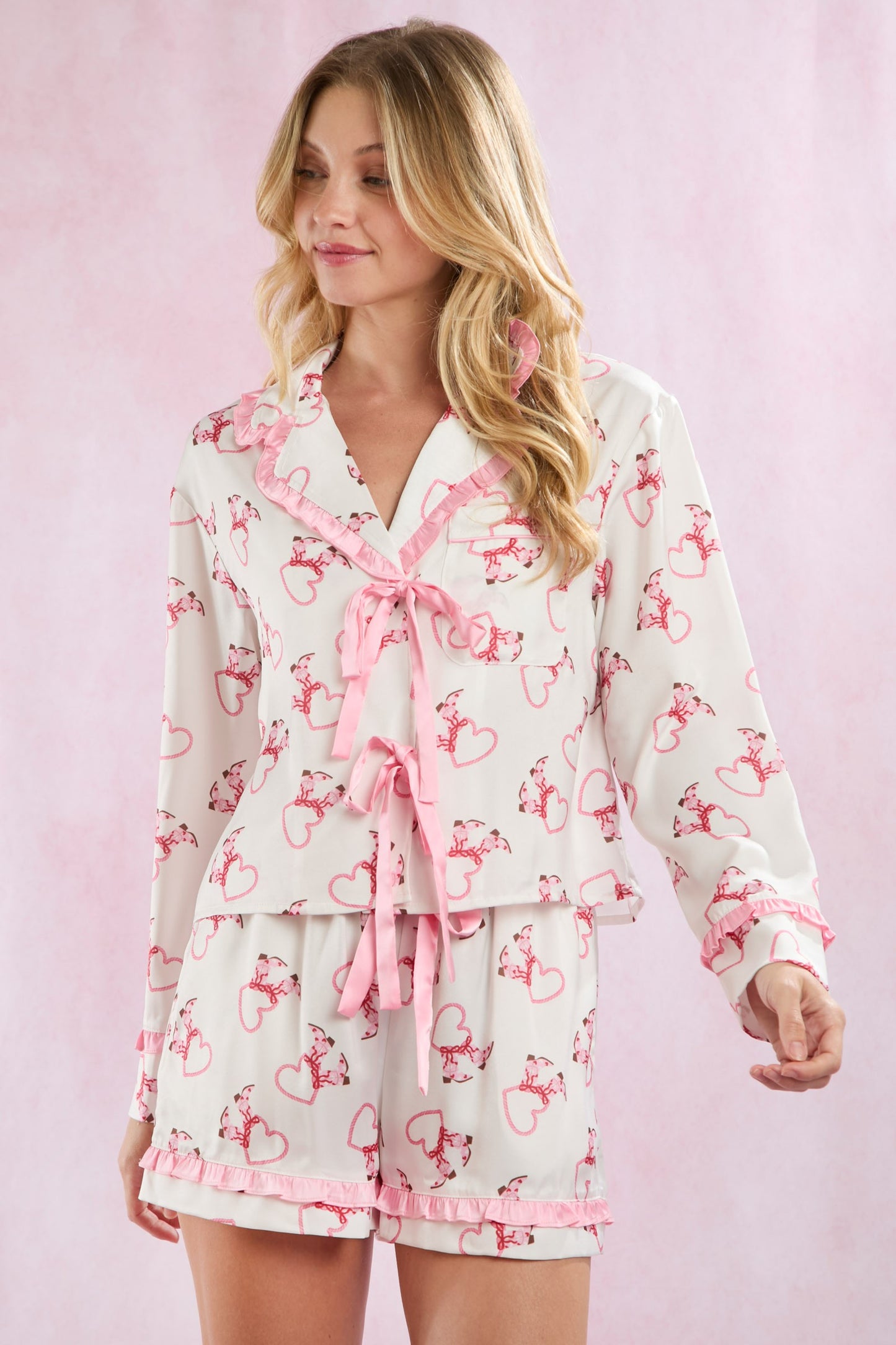 Satin Western Boot & Hearts Prints Pajama Set