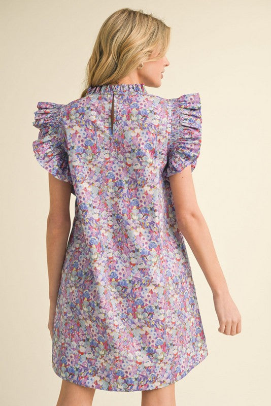 Print Ruffle Cap Sleeve Dress