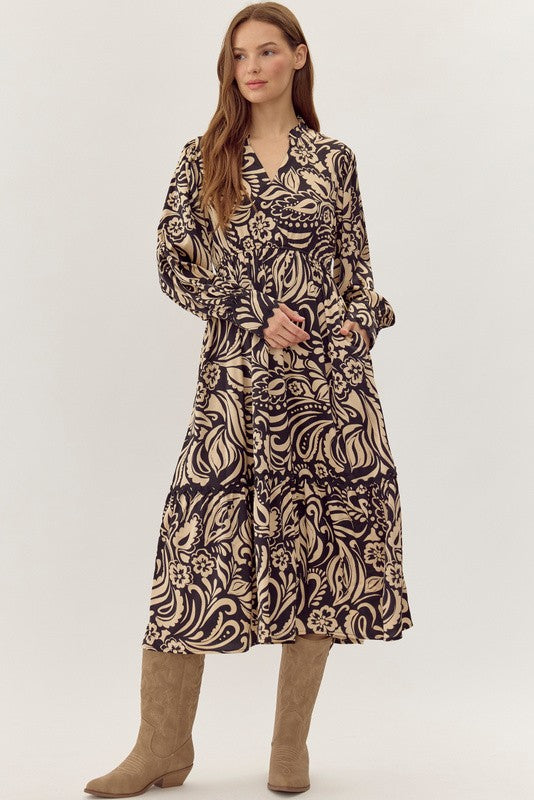 Print Tiered Layer Midi Dress