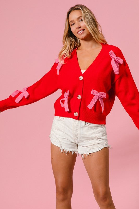 Ribbon Bow Patch Button Down Sweater Cardigan
