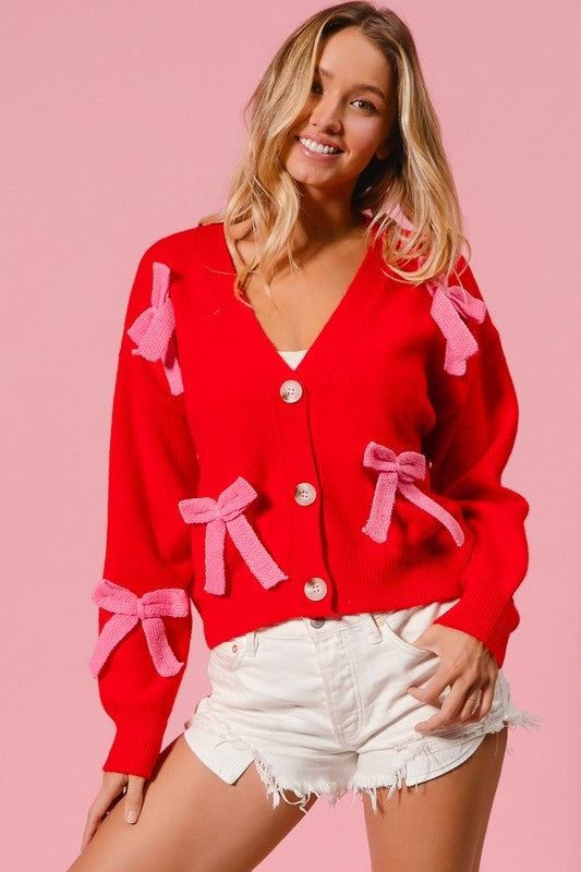 Ribbon Bow Patch Button Down Sweater Cardigan