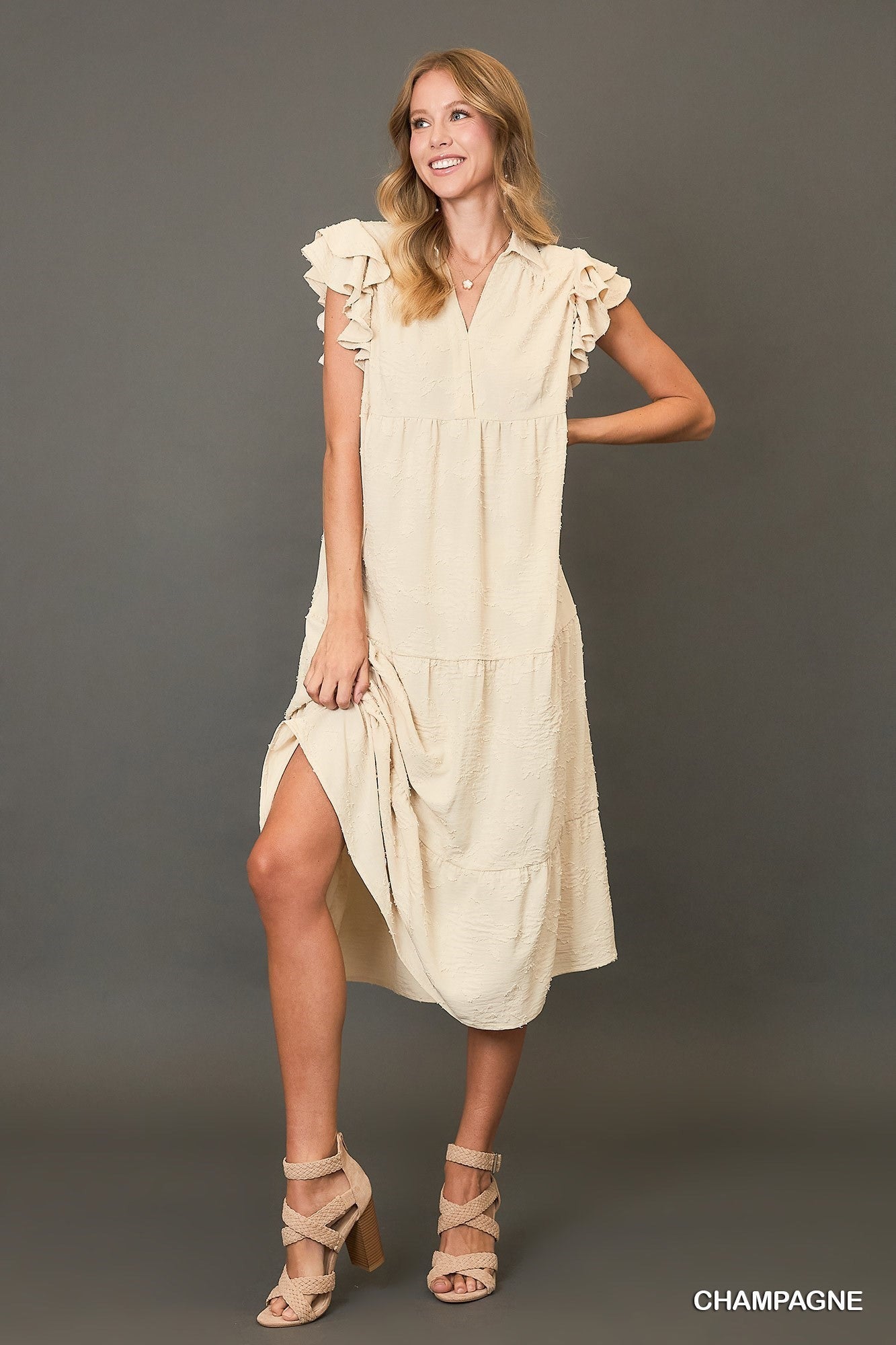 Champagne / Textured Floral Midi Dress