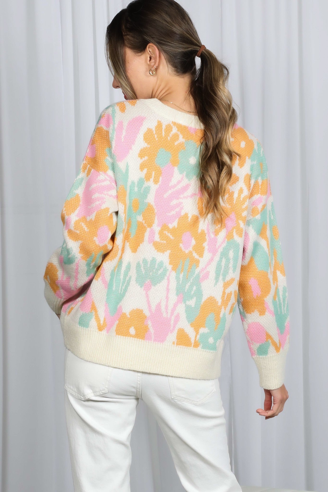 LONG SLEEVE FLORAL JACQUARD SWEATER