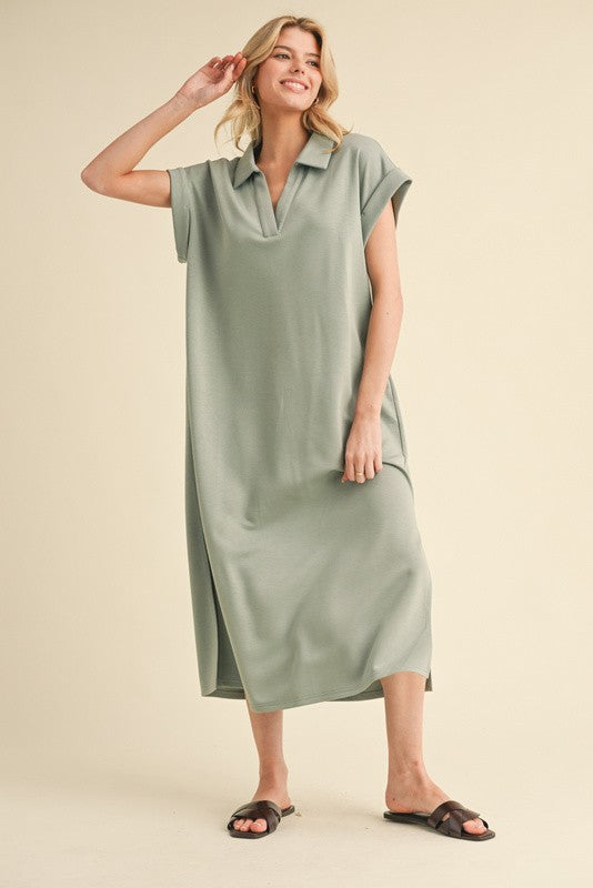 Solid Collared Midi Dress with Pockets