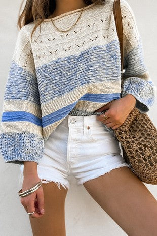 Striped Hollow Out Puff Sleeve Sweater