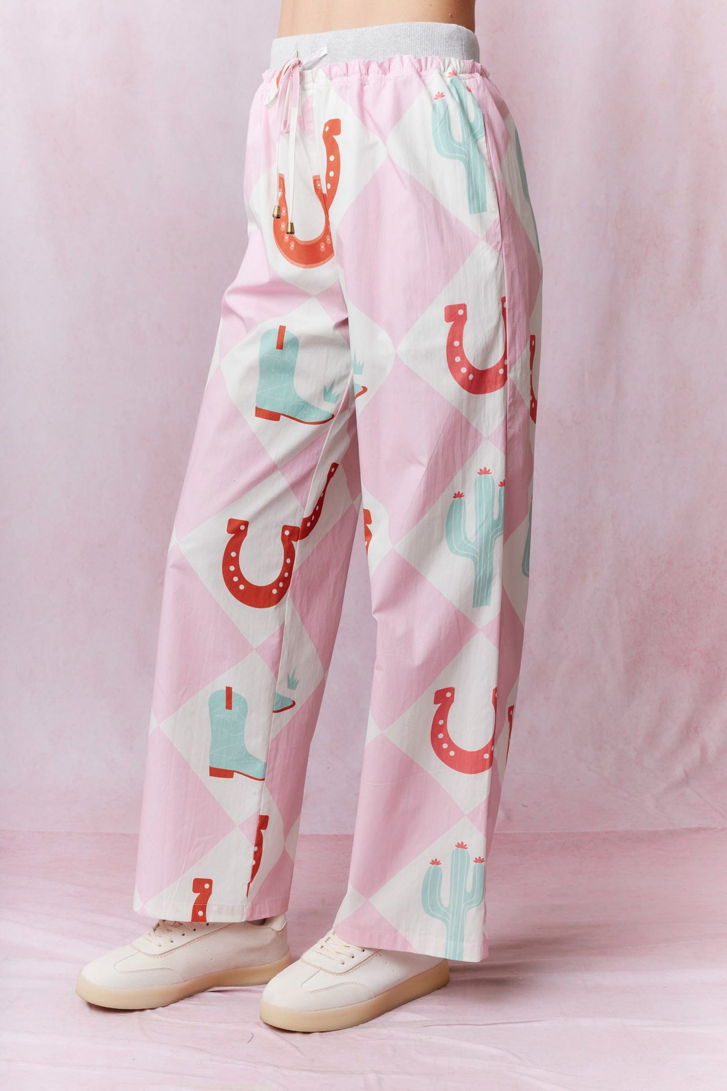 Printed Waist Contrast Rib Detail Pants