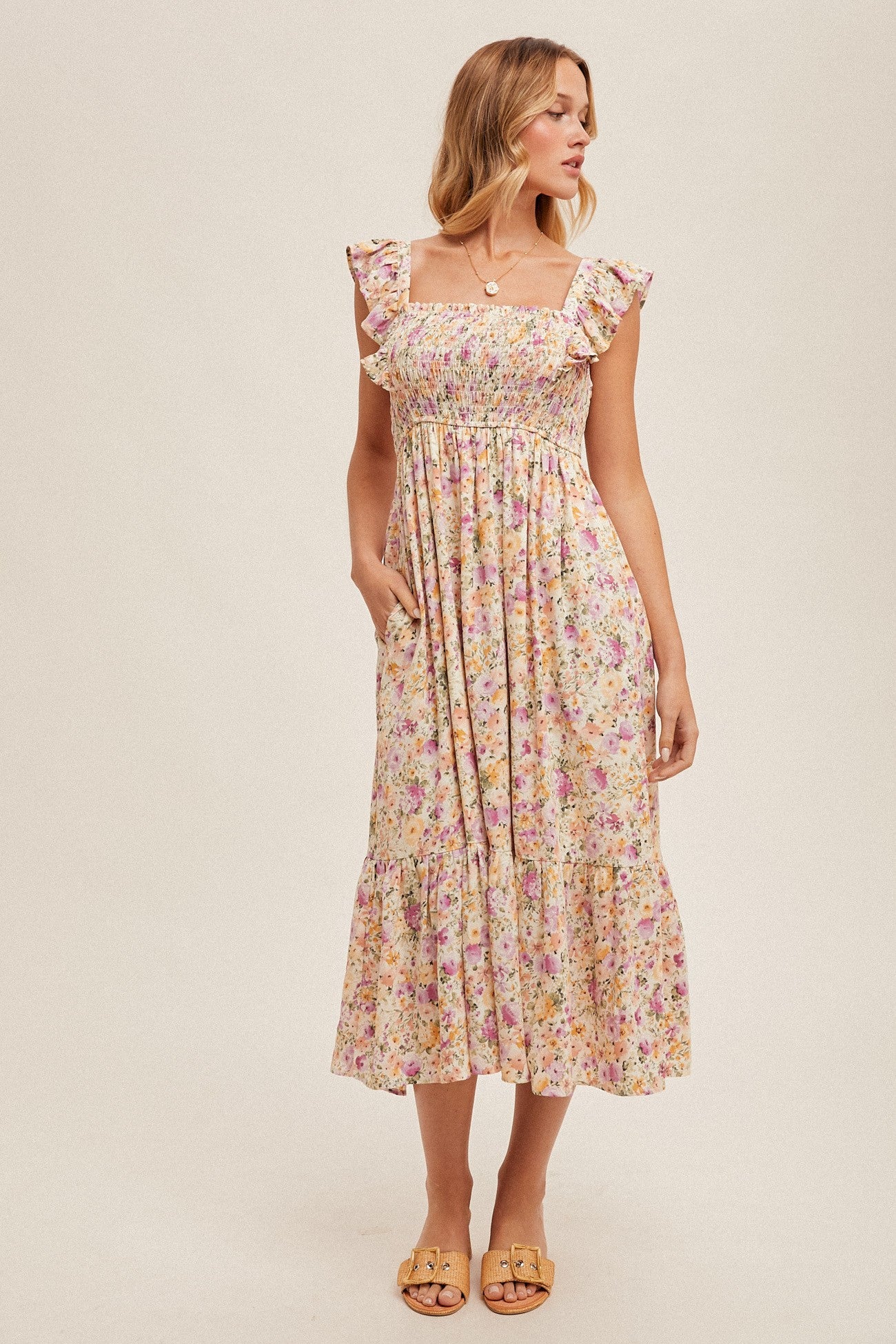 Flutter Sleeve Smocked Floral Print Dress