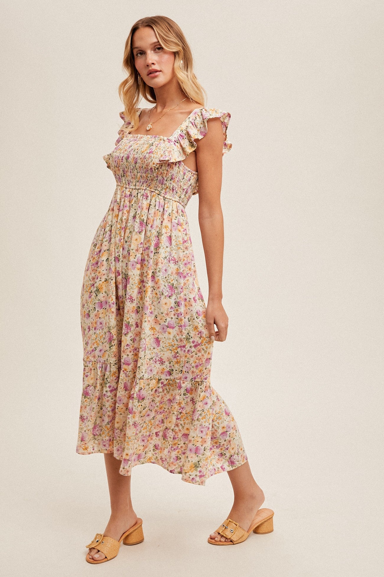 Flutter Sleeve Smocked Floral Print Dress