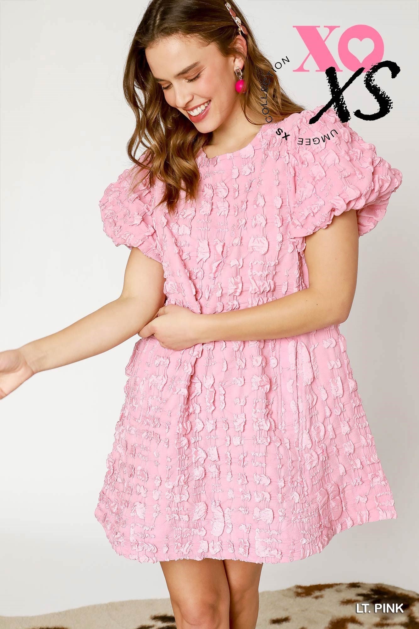 Balloon Textured Round Neck Mini Dress