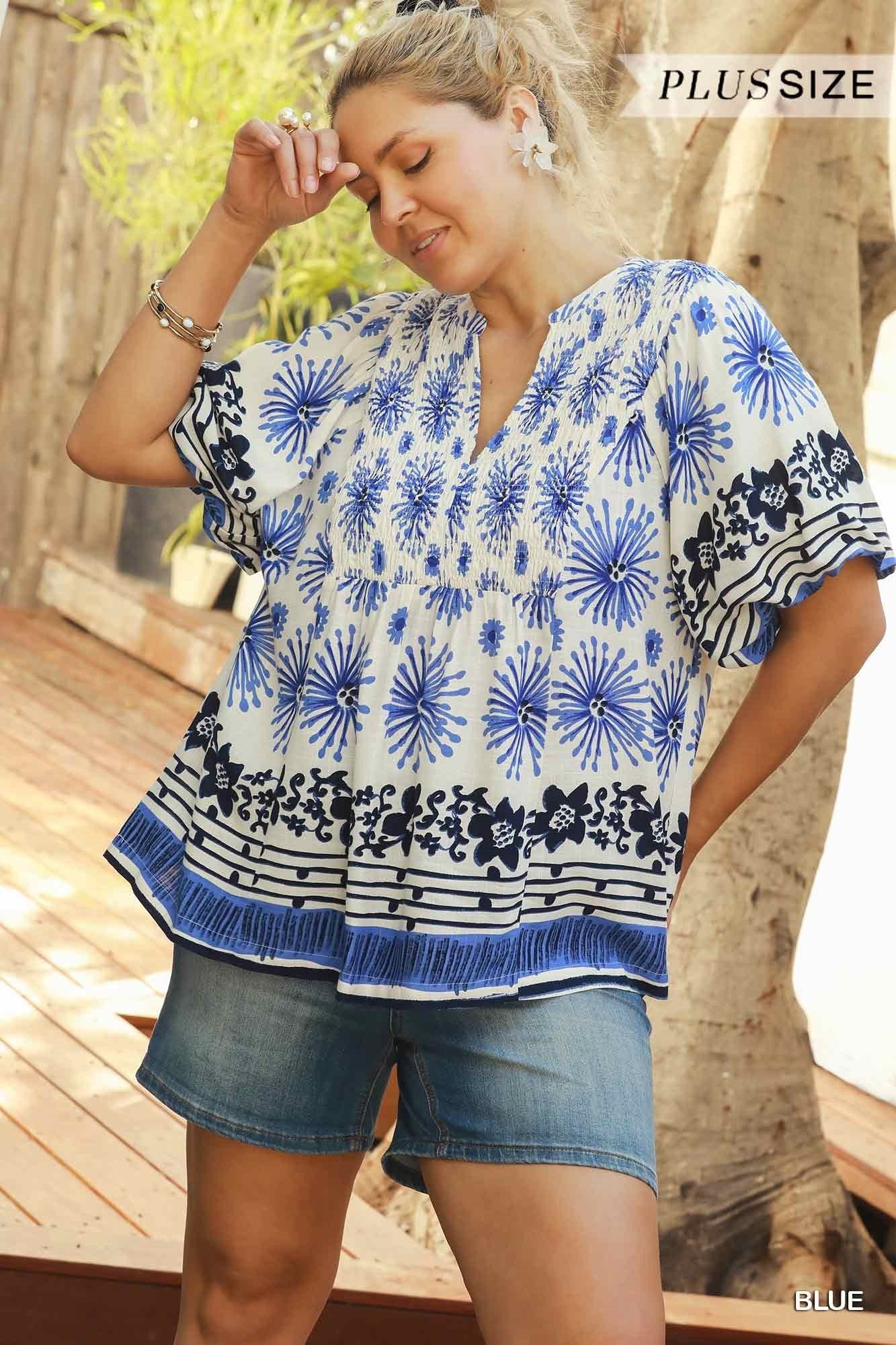 Border Print Top with Smocked Details Blue
