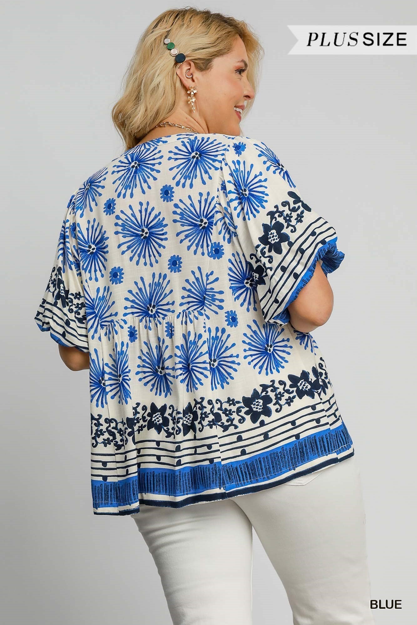 Border Print Top with Smocked Details Blue