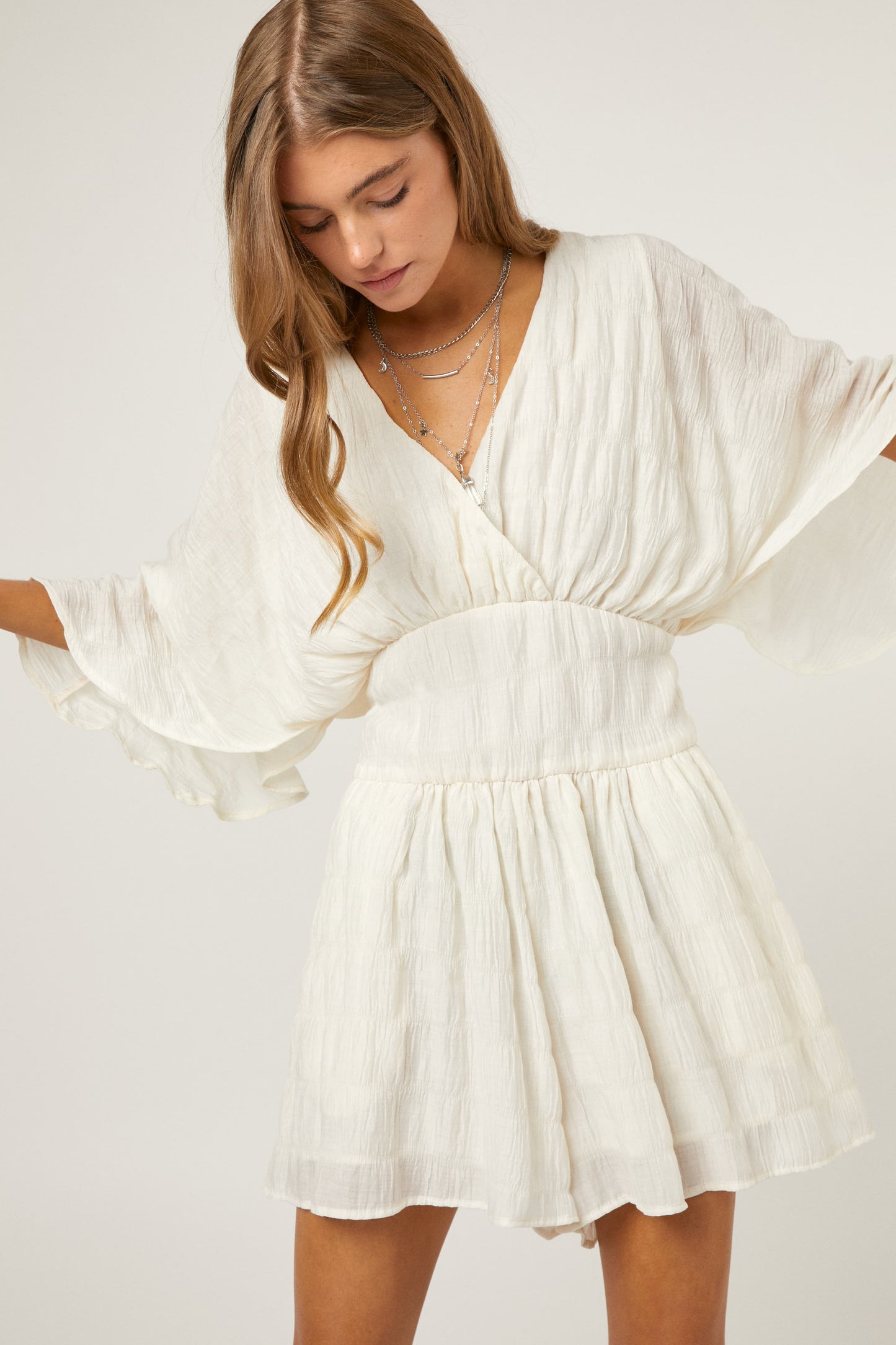 Cream V-Neck Romper w/Waist Belt