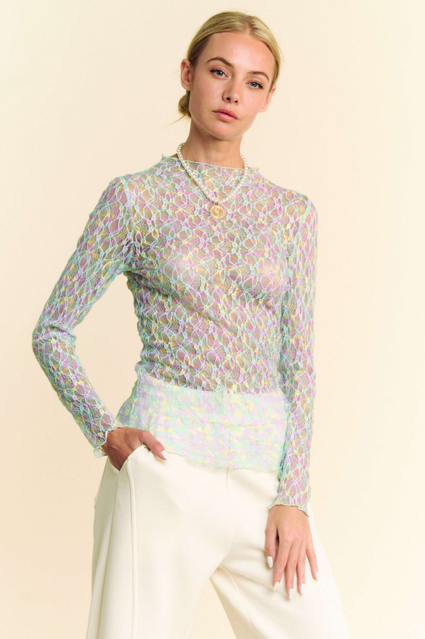 Multi Printed Loose Turtle Neck Lace Mesh Top