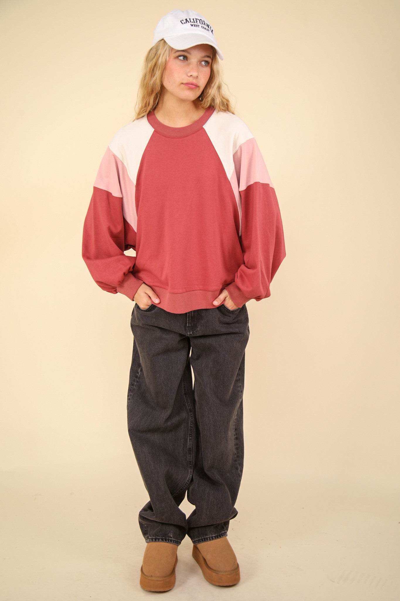 Color Block Raglan Sleeve Comfy Knit Sweatshirt Top
