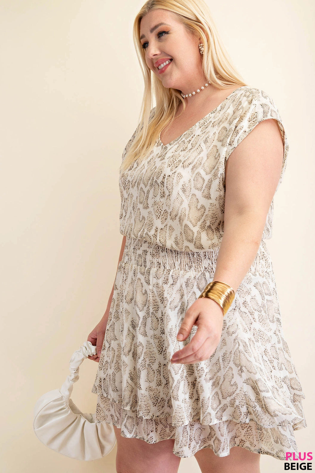 Beige Animal Print Waist Smocking Dress