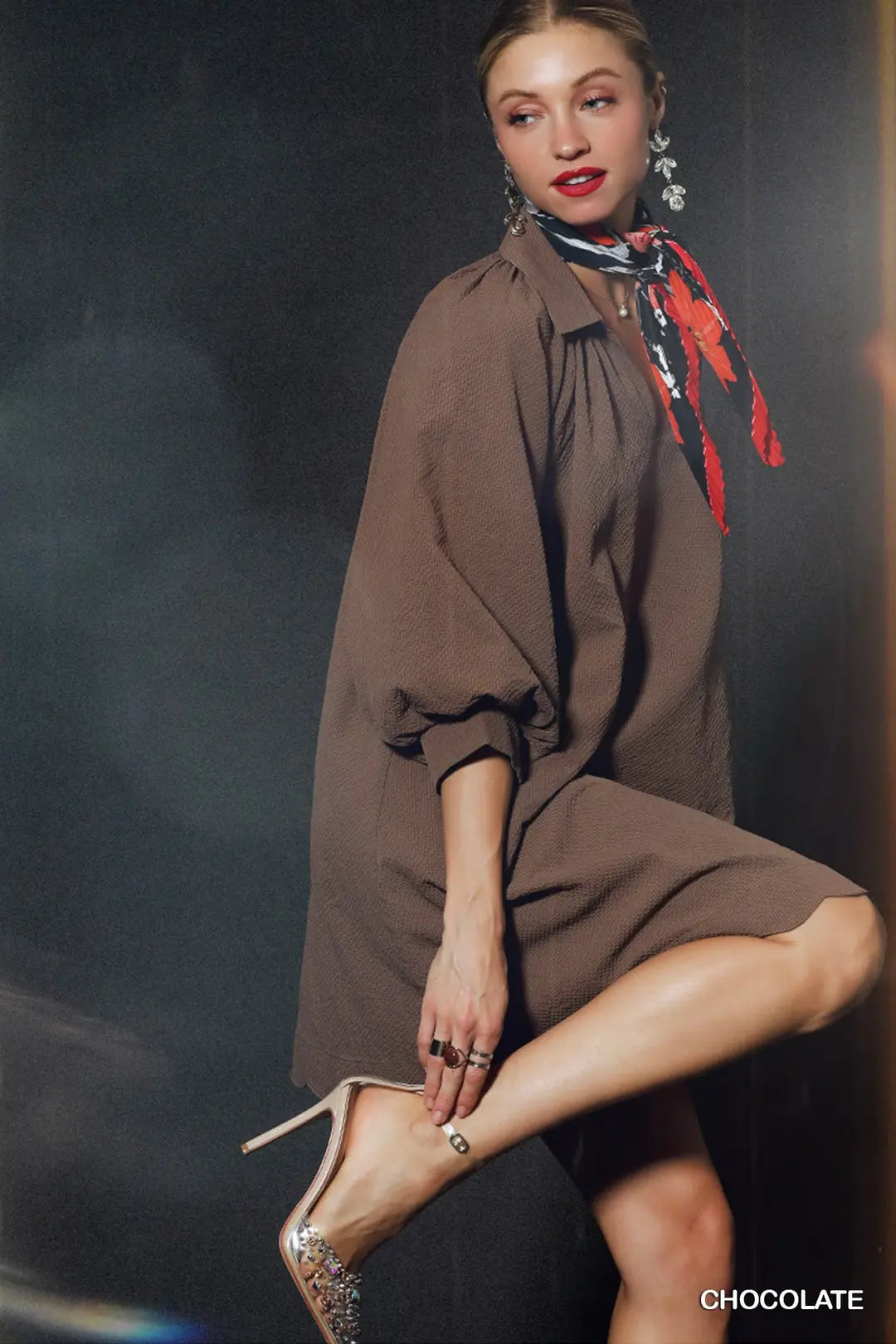 Split V-Neck Dress with Puff Sleeves