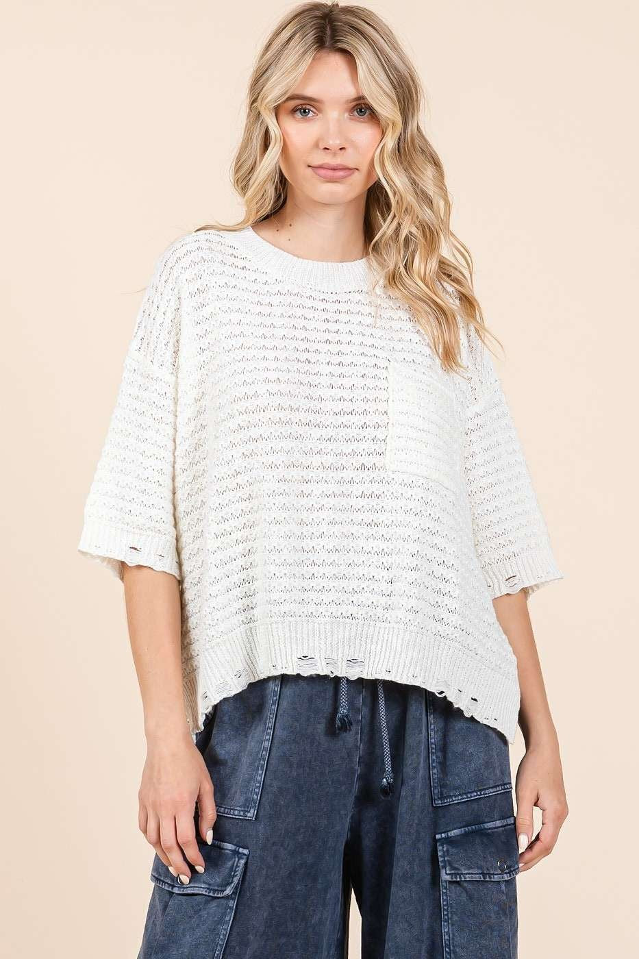 Destressed Hem Short Sleeve Loose Sweater
