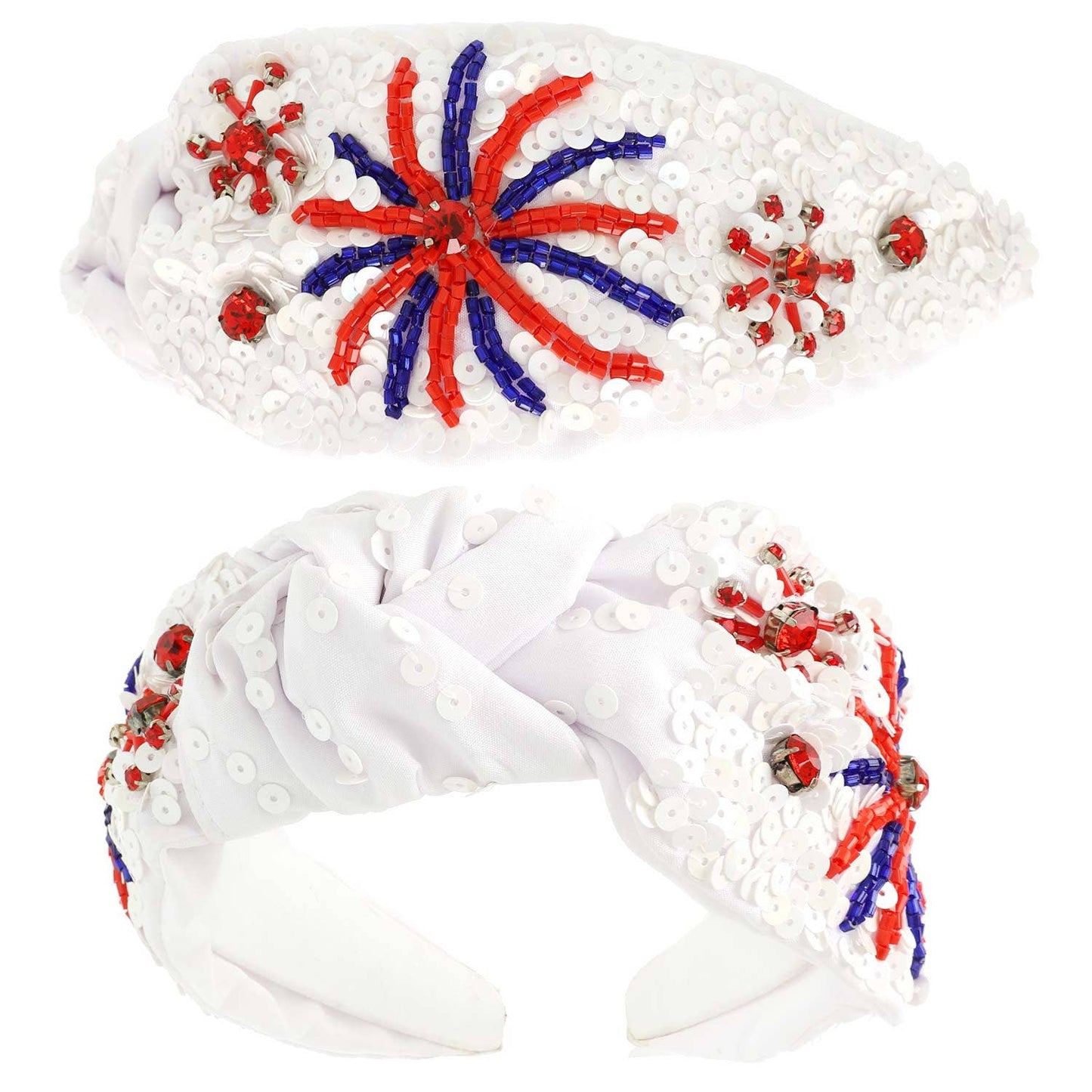 Sophia Collection - Patriotic Fireworks Sequin Top Knotted Headband: White