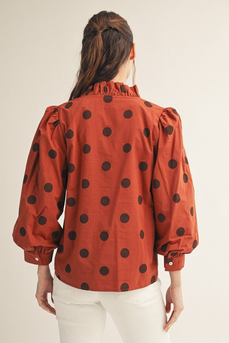 Ruffled Neckline Button Down Polka Dot Top