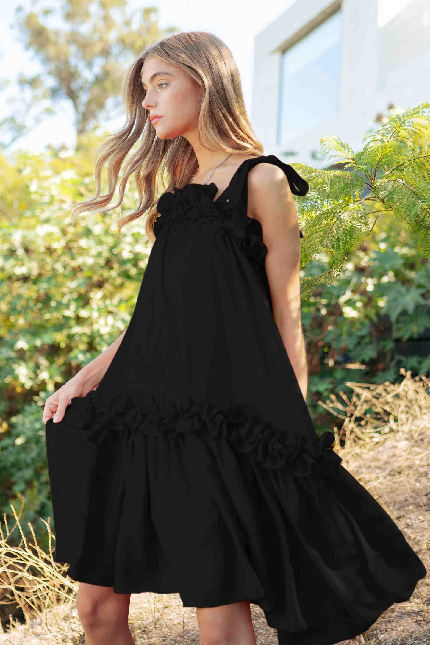 Square Neck Frill Detail Ruffled Mini Dress