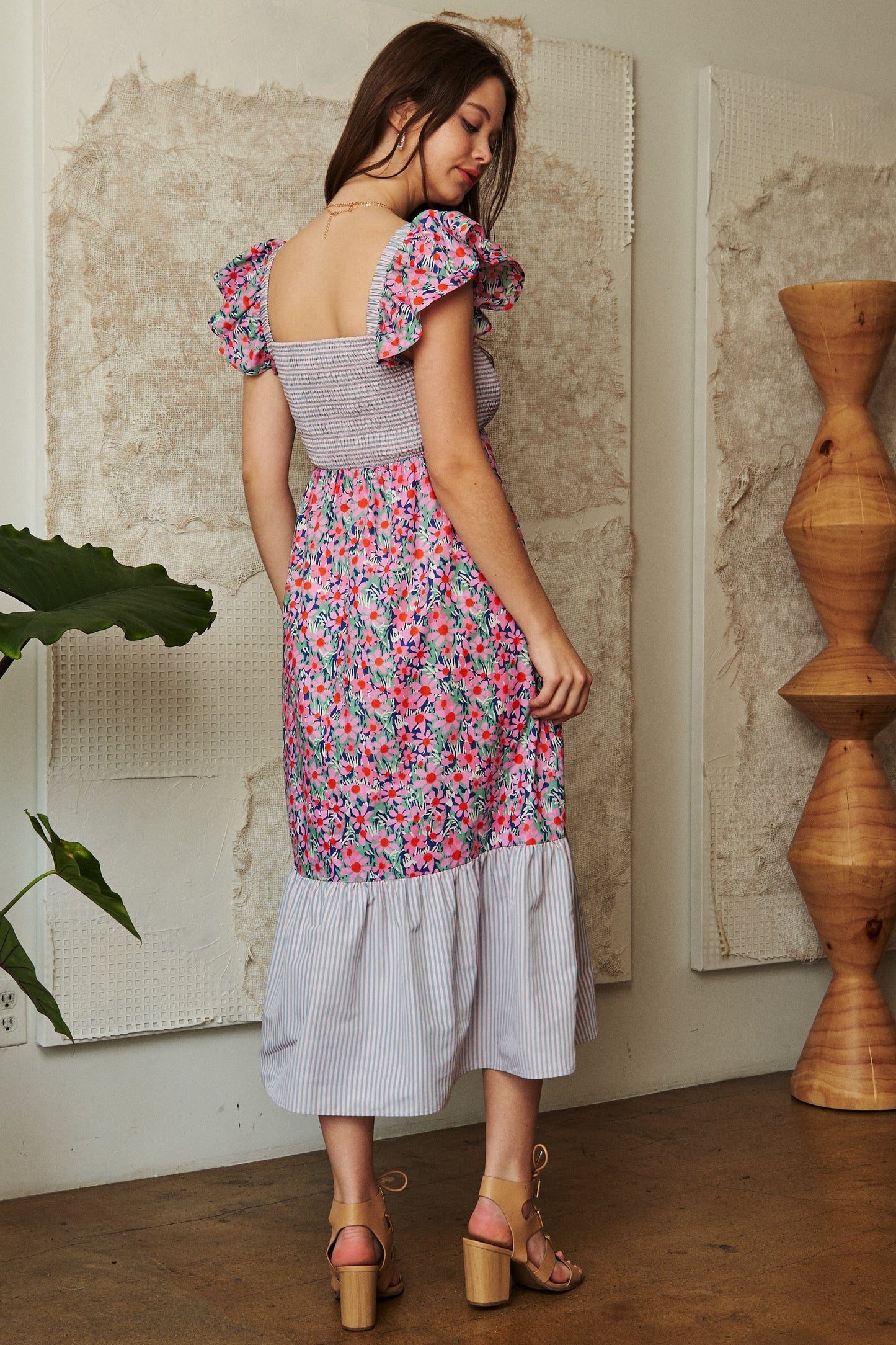 FLORAL STRIPE SMOCKED BODICE SLEEVE MIDI DRESS