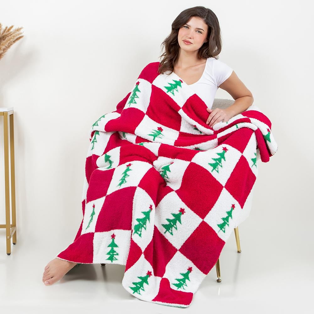 Checker Christmas Tree Print Brushed Poly Microfiber Throw Blanket