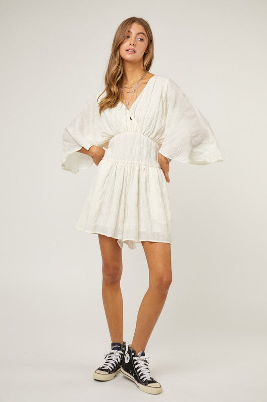 Cream V-Neck Romper w/Waist Belt