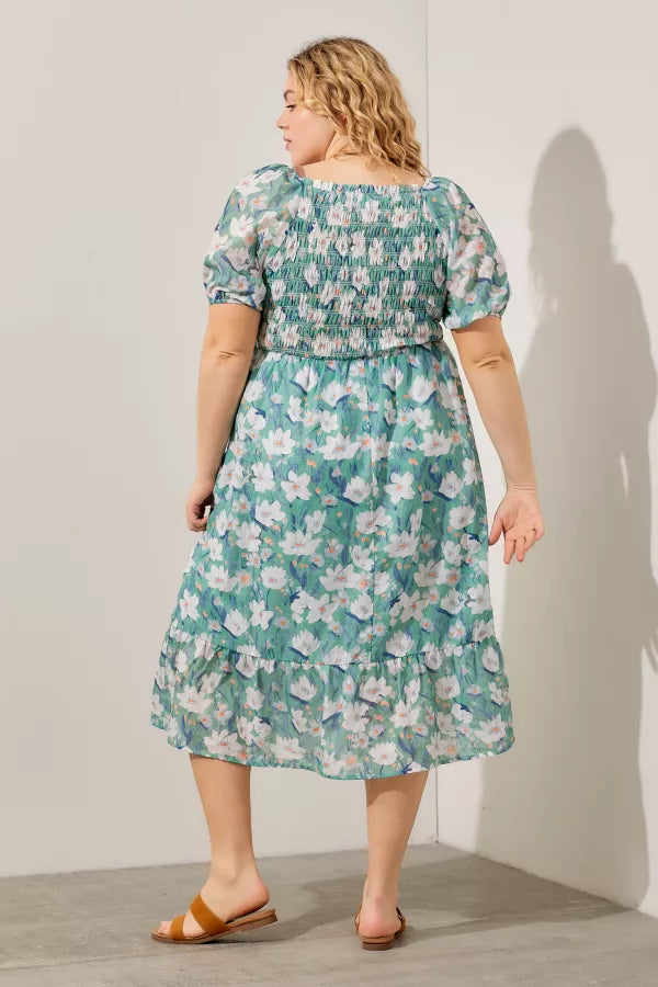 Floral Print Smocked Midi Dress