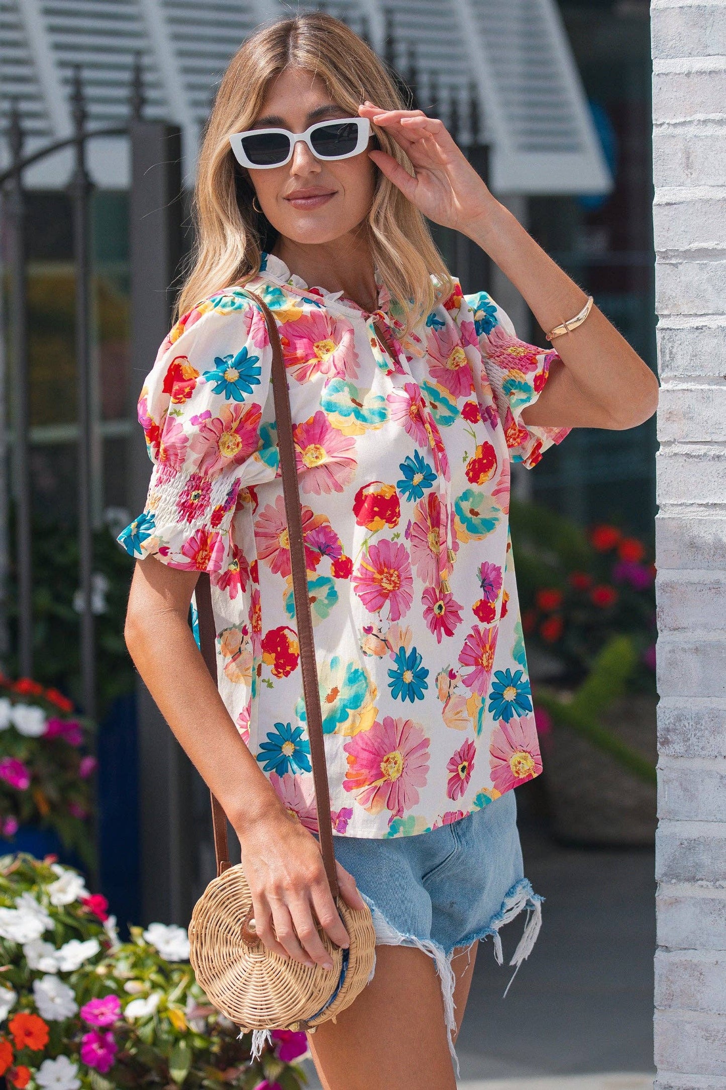 Beige Floral Tie Blouse