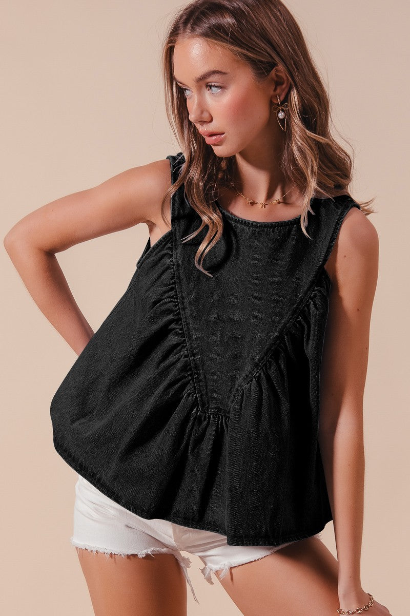 Denim Ruched Sleeveless Top