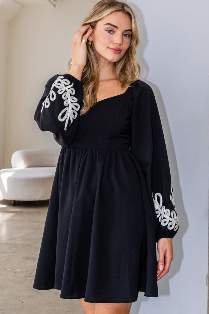 Black Embroidered V-neck Mini Dress