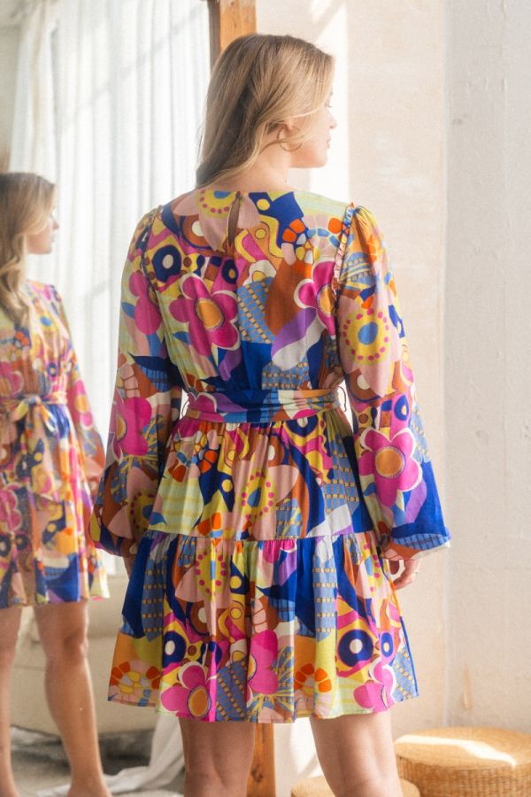 Geo printed boat neck long sleeve mini dress with self belt