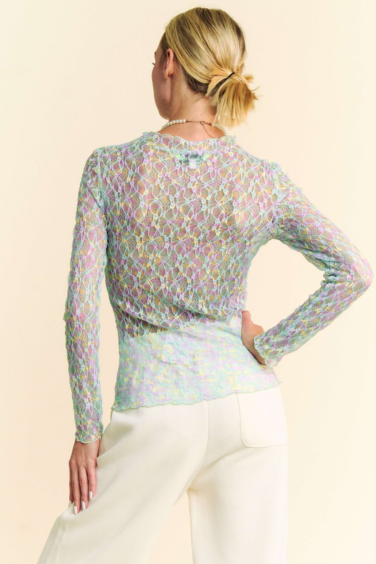 Multi Printed Loose Turtle Neck Lace Mesh Top