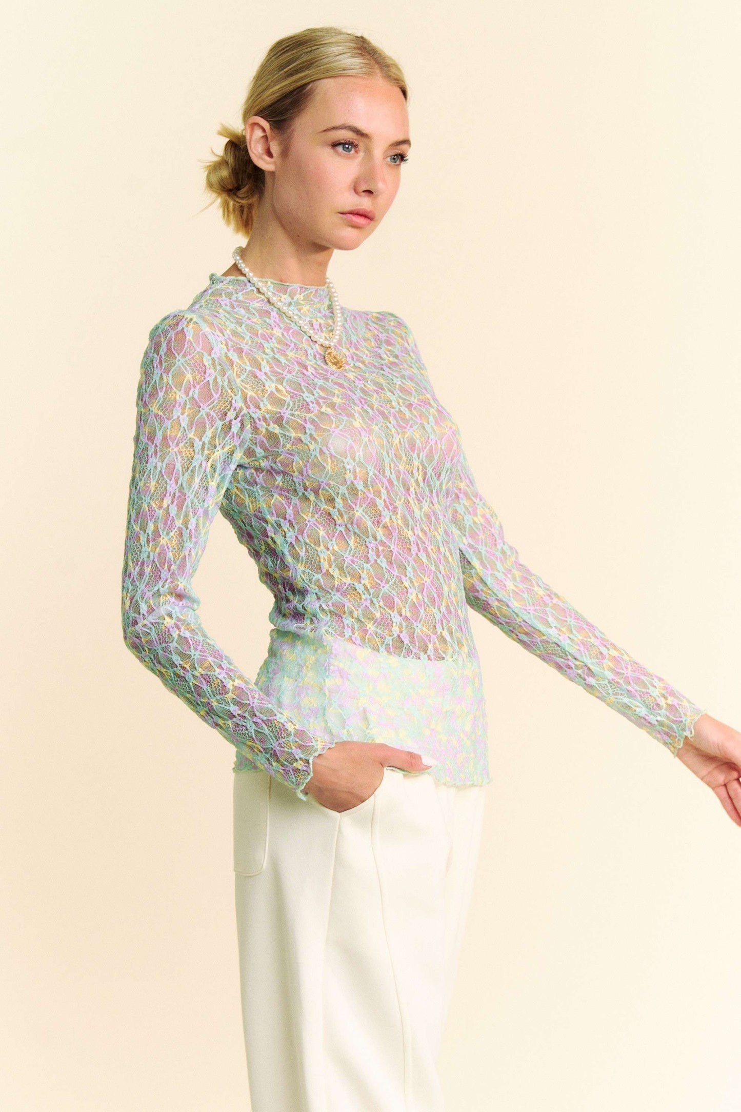 Multi Printed Loose Turtle Neck Lace Mesh Top