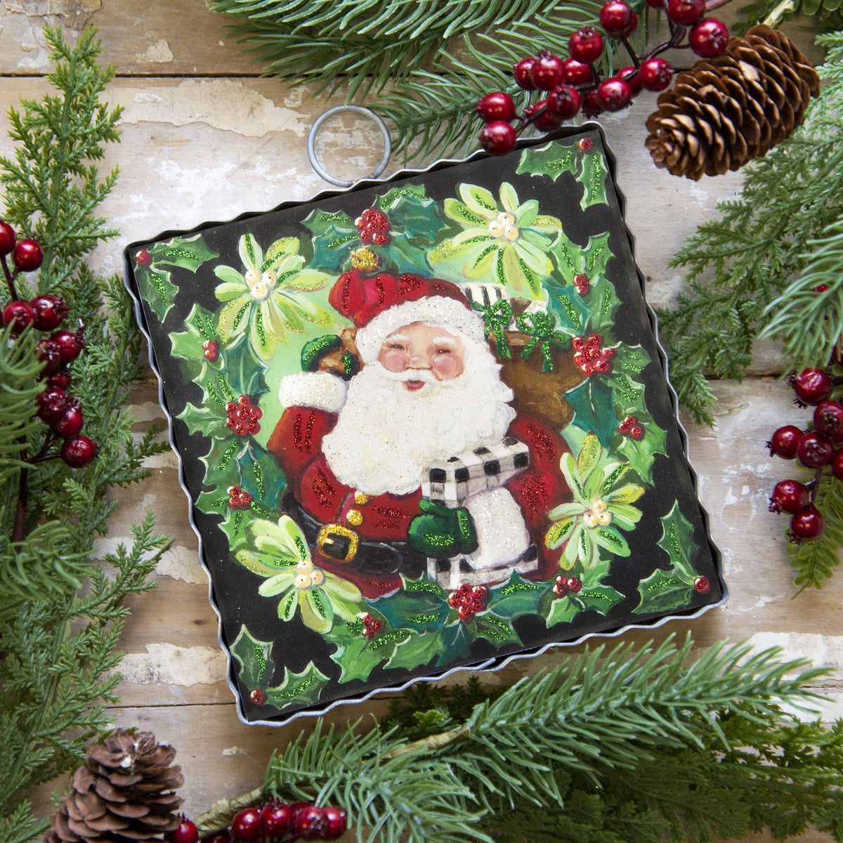 Mini Holly Santa Print w/Metal Frame