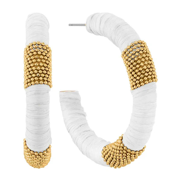 Raffia and Gold Beaded Accent Hoop Earring