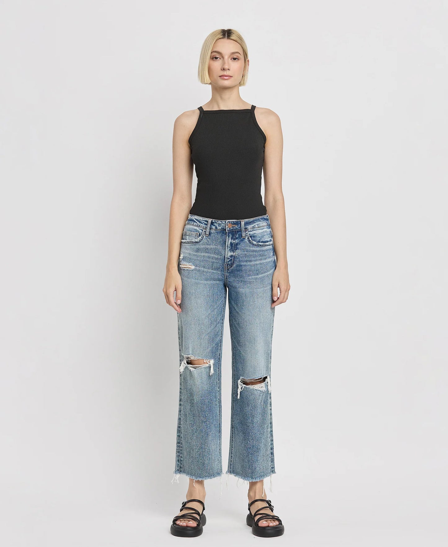 Flying Monkey High Rise Distressed Slim Wide Jeans- Punctual