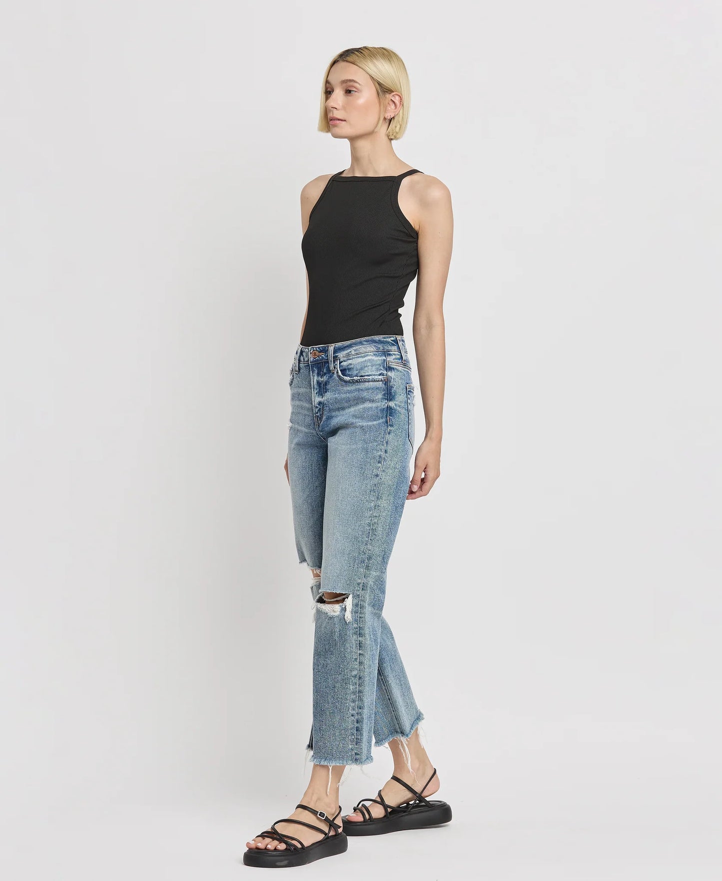 Flying Monkey High Rise Distressed Slim Wide Jeans- Punctual
