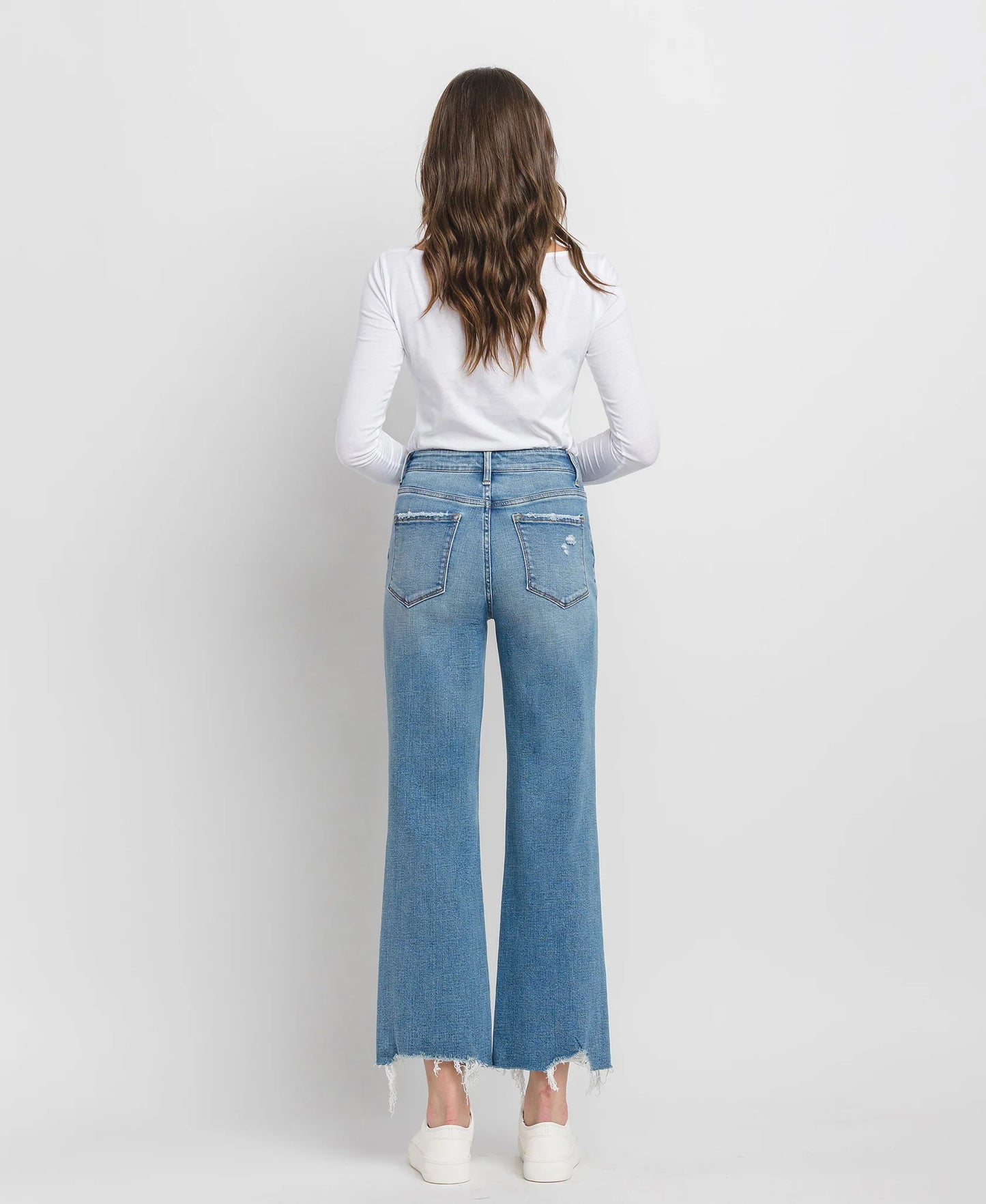 Flying Monkey High Rise Distressed Slim Wide Leg Jeans- Blue Grove