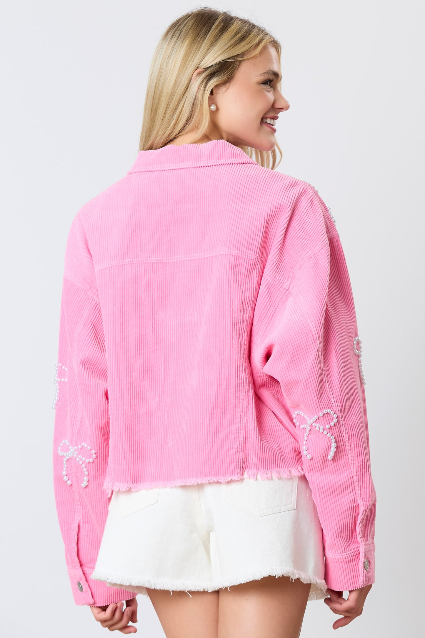Corduroy Cropped Jacket w/Pearl Bows