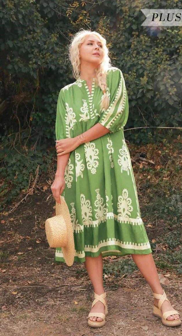 Green Floral Print V-neck Dress