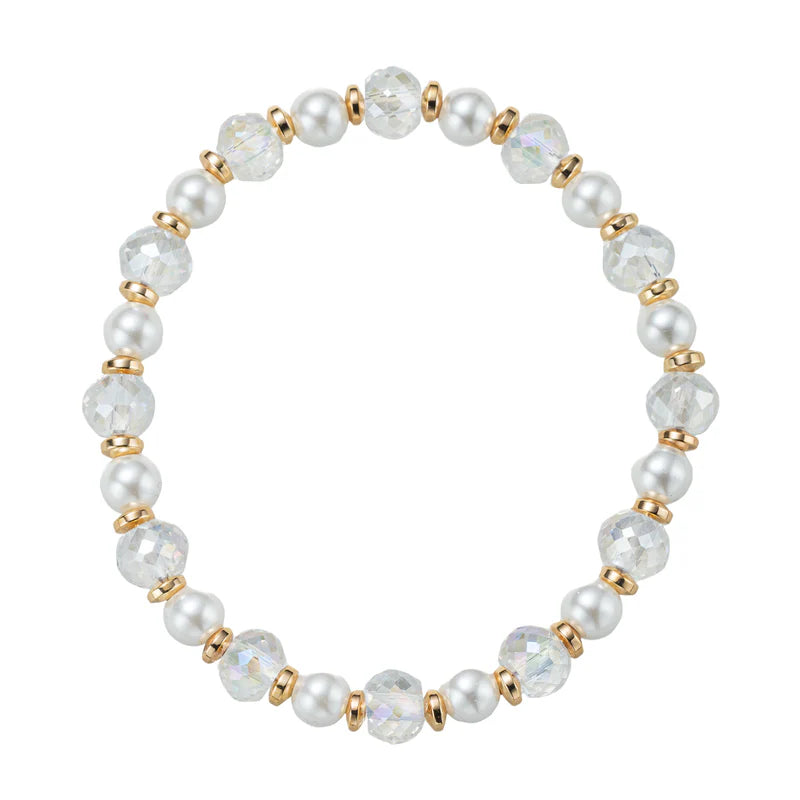 Clear, Pearl, Gold Faceted Beaded Stretch Bracelet